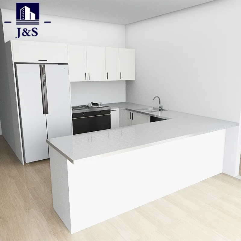Cozinha shaker de PVC branco com tampo de aço inoxidável